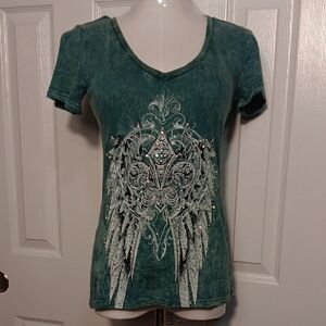 NWOT. YUJIN Forest Green Graphic V-Neck Tee With Rhinestone Studded Front